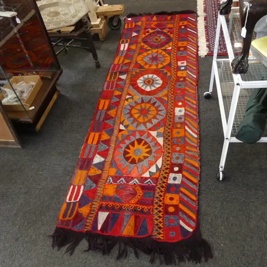 VINTAGE CHAIN STITCHED GEOMETRIC RUNNER ALL WOOL 2500x800mm