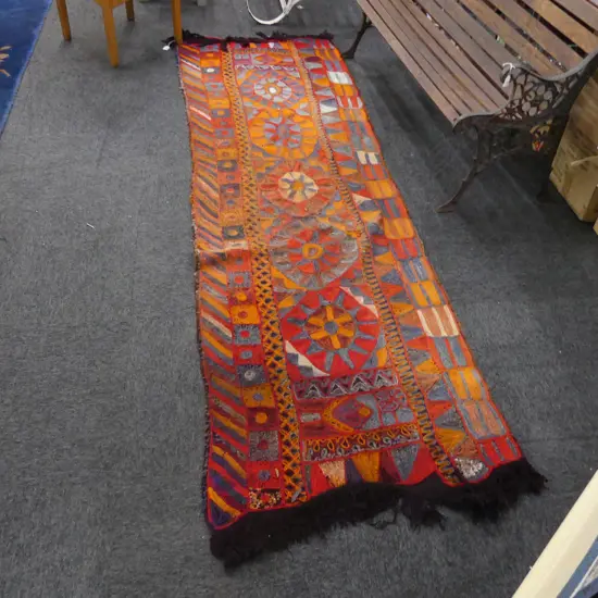 VINTAGE CHAIN STITCHED GEOMETRIC RUNNER ALL WOOL L.2500mm