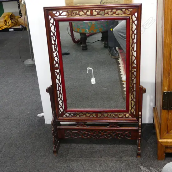 LARGE ORIENTAL CARVED WOODEN SCREEN w. ROTATING MIRROR H.985mm