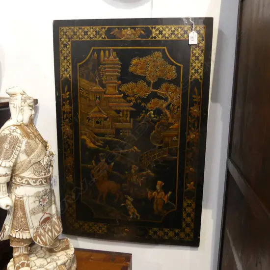 CHINOISERIE LACQUER PANEL DECORATED W TEMPLES & FIGURES  730 X 490mm