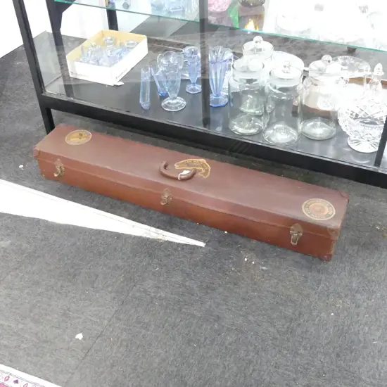 OLD RECTANGULAR INSTRUMENT CASE WITH AMERICAN TRAVEL DECALS. L.1160mm