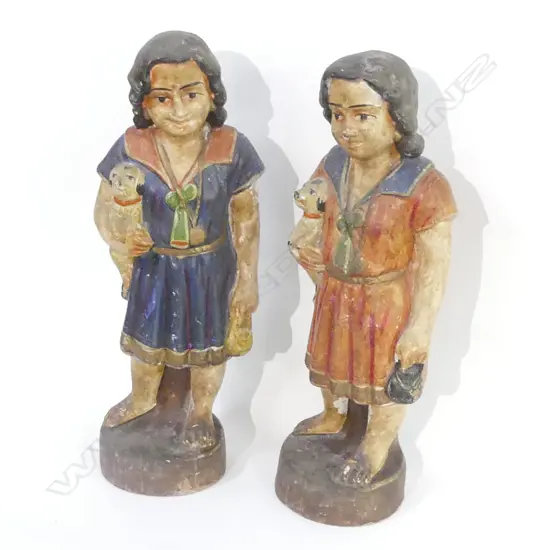 PR VINTAGE PAINTED CERAMIC FIGURES BOTH w. DOG UNDER ARM H.400mm