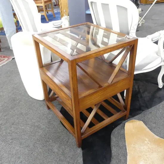 WOODEN SIDE TABLE w. CONCEALED DRAWER & GLASS TOP 550x500x705mm