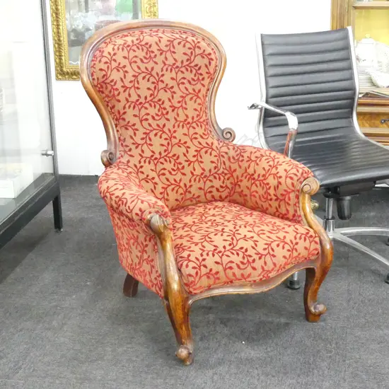 VICTORIAN GRANDFATHER CHAIR IN RED VELVET UPHOLSTERY
