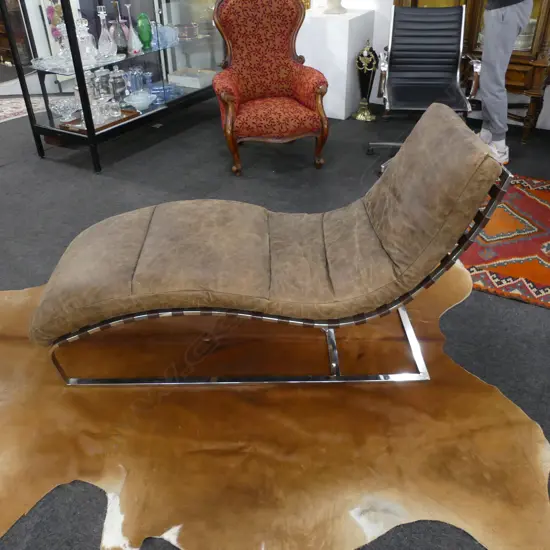 QUALITY BROWN LEATHER & CHROME CHAISE 1500x600x830mm