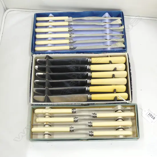 3 SETS OF 6 IVORINE 'BONE' HANDLED KNIVES, BOXED