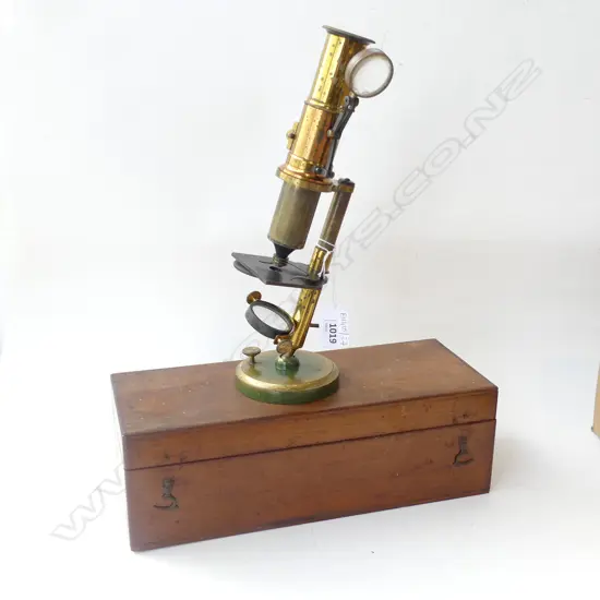 VINTAGE BRASS MICROSCOPE IN WOODEN BOX H.300mm