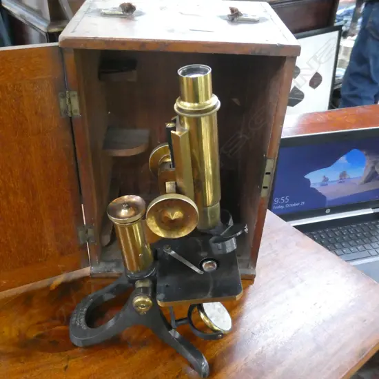 ANTIQUE BRASS MICROSCOPE; HENRY CROUCH LONDON, CASED