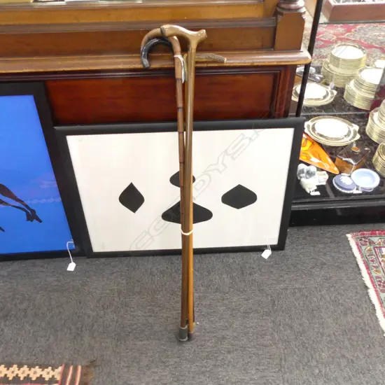 4 OLD WALKING STICKS; 1 WITH DEER ANTLER HANDLE 