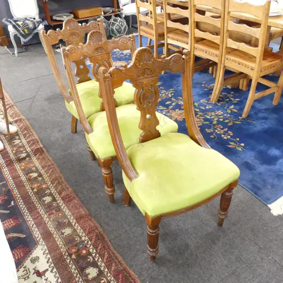6 EDWARDIAN DINING CHAIRS; GREEN VELVET