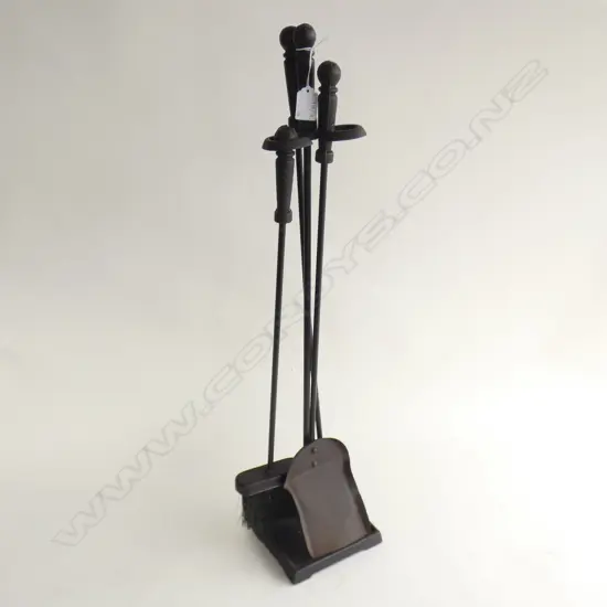 4 PCE CAST IRON FIRE TOOLS; POKER, BRUSH, SHOVEL, STAND.