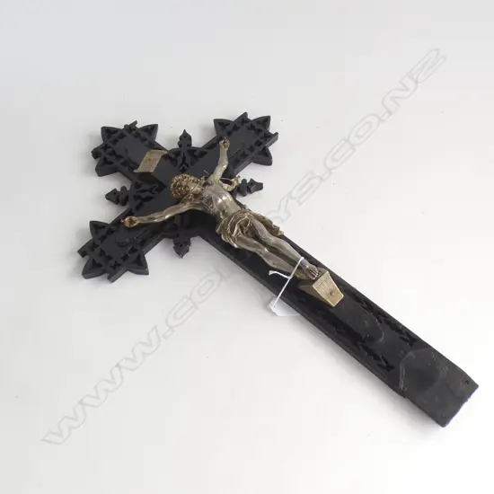 VINTAGE CRUCIFIX; EBONISED WOOD & METAL JESUS H.550mm