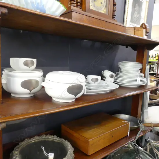 GERMAN FURSTENBURG PORCELAIN PART DINNER SERVICE - WHITE W SILVER TEARDROP DESIGN;  29 PCS ...