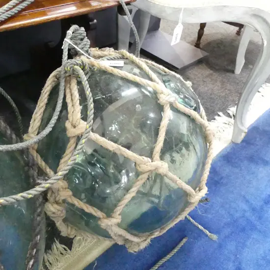 OLD GLASS LARGE FISHING FLOAT WITH NETTING Dia.310mm hand blown