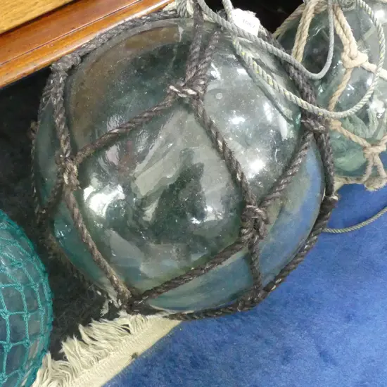 OLD GLASS LARGE FISHING FLOAT WITH NETTING Dia.370mm hand blown