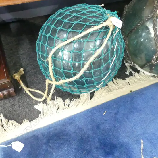 OLD GLASS LARGE FISHING FLOAT WITH GREEN NETTING Dia.310mm hand blown
