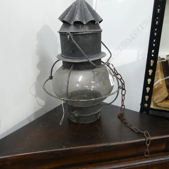 OLD METAL & GLASS HANGING HURRICANE LAMP H (WITHOUT CHAIN & HANDLE) 400MM