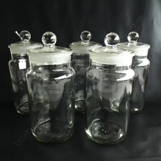 5 VINTAGE GLASS LIDDED CANDY JARS H.250mm