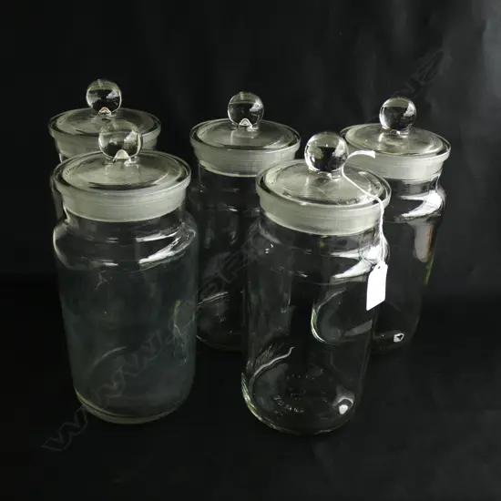 5 VINTAGE GLASS LIDDED CANDY JARS H.250mm