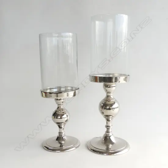 2 PILLAR CANDLE HOLDERS WITH GLASS 1 H 435MM & 1 H 385MM