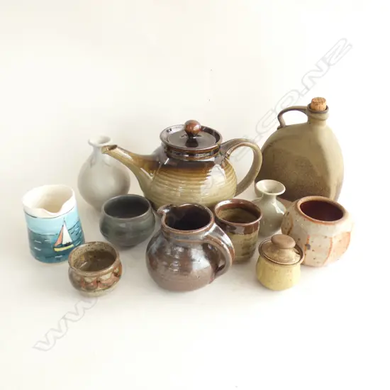 BOX ELEVEN VARIOUS POTTERY PIECES INCL TEAPOT, FLASK ETC..