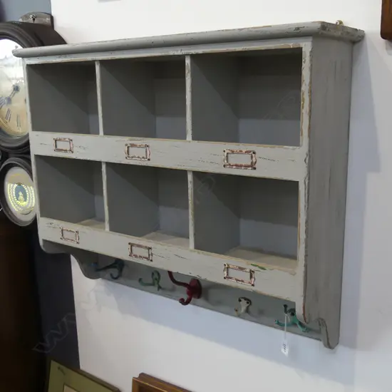 OLD WOODEN KITCHEN WALL RACK WITH 6 COMPARTMENTS & HOOKS  600 X 700MM