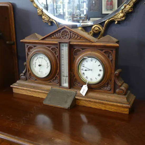 CARVED WOODEN MANTEL THERMOMETER / BAROMETER / CLOCK W.475mm