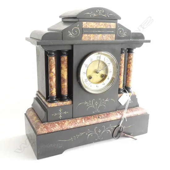 BLACK & COLOURED MARBLE ARCHITECTURAL LGE MANTLE CLOCK w. KEY H.375mm
