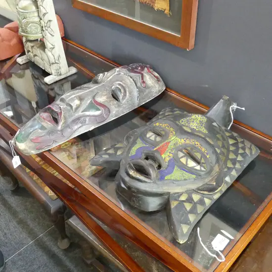 GHANAN CARVED WOODEN & BEADED QUEENS HEAD MASK WALL HANGING H 420MM + 1 OTHER