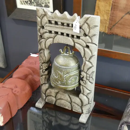 ORIENTAL BRASS BELL WITH CARVED WOODEN STAND - INCOMPLETE H. 390MM