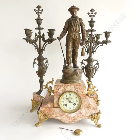 CLOCK w. SPELTER MINER FIGURE H.510mm w. KEY & PENDULUM + PR GARNITURES H.540mm.