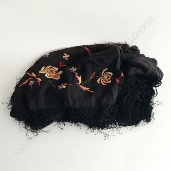 ANTIQUE BLACK SILK SHAWL, EMBROIDERED & FRINGED (SOME RIPS & FADING) 1100x1100mm