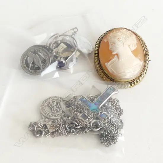 ASST SILVER & OTHER JEWELLERY. CROSS PENDANTS. 6d COIN E/RINGS ETC