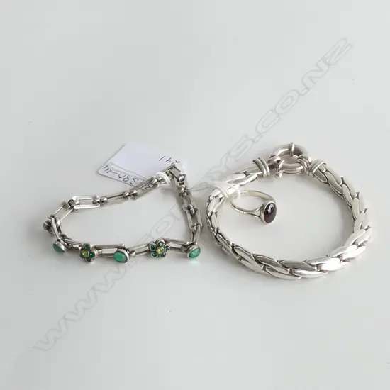 2 SILVER BRACELETS & STG SILVER RING WITH STONE 