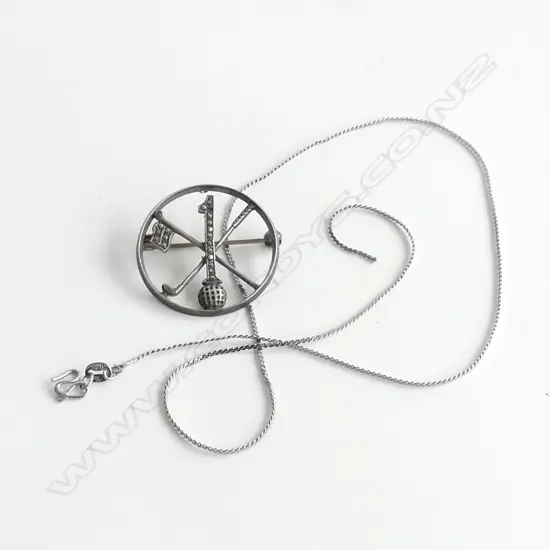 VINTAGE MARCESITE & SILVER HOLE IN ONE BROOCH + A/F 925 SILVER CHAIN 