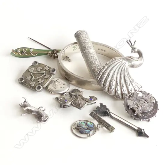 SEL. SILVER BROOCHES + BANGLE ETC X 12