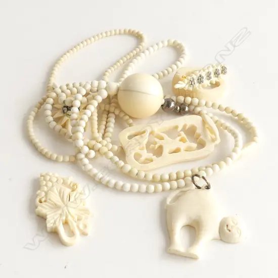CARVED BONE PENDANTS, NECKLACES, RING & BROOCH