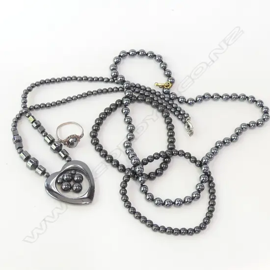 HERMATITE JEWELLERY; 2 NECKLACES, 1 WITH HEART PENDANT, PR BRACELETS & ONE RING