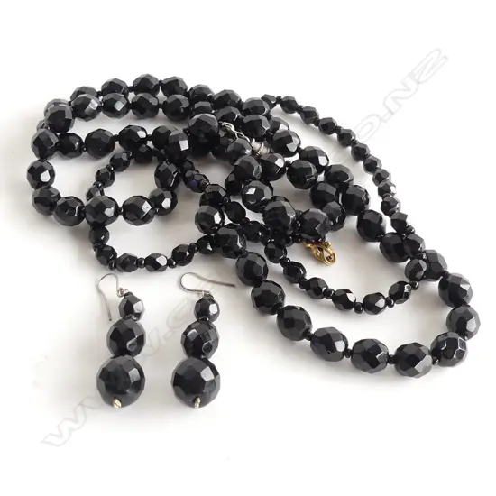 SET 2 BLACK FACETED BEAD NECKLACES (200MM & 330MM) & PR MATCHING DROP EARRINGS 