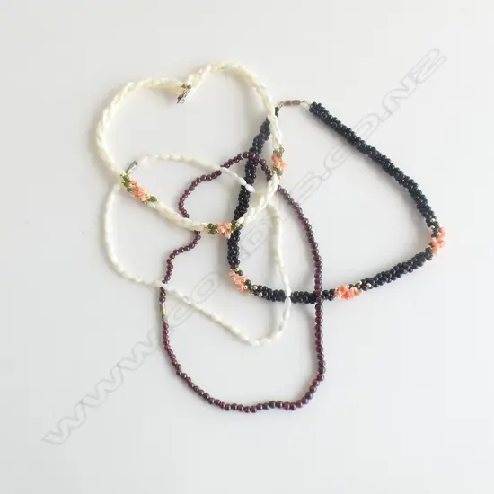 4 BEAD NECKLACES; FAUX PEARLS & CORAL ETC..