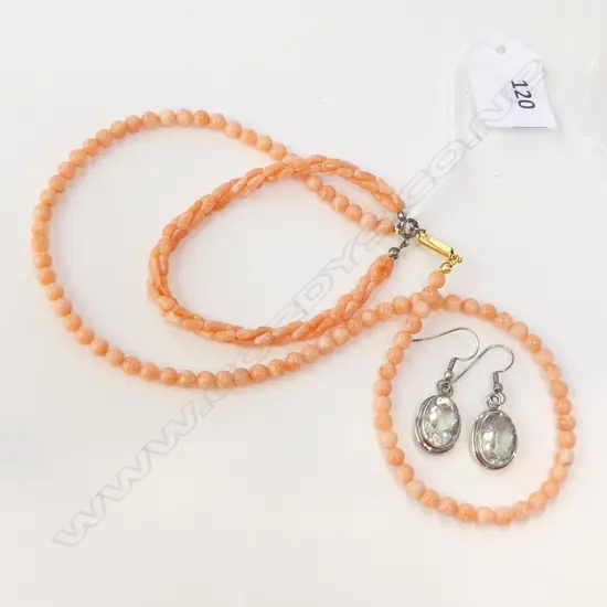 PR STG & GREEN AMETHYST EARRINGS + PINK CORAL NECKLACE