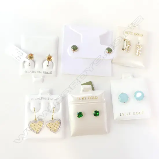 6 PRS EARRINGS; 14CT PLATED ? / STG / GEMSTONES ETC