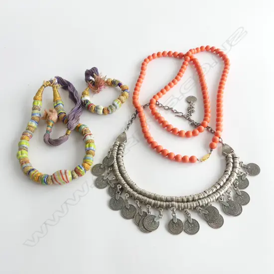 BAG ASST ETHNIC BEADED & COIN JEWELLERY; 3 NECKLACES & 1 BRACELET