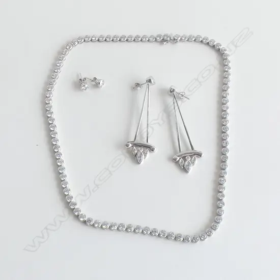 CZ NECKLACE + 2 PR EARRINGS; 1 PR DROP & 1 PR STUD