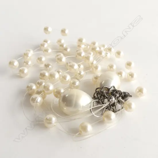 FAUX PEARL 3 STRAND FISHING LINE NECKLACE + PR DROP EARRINGS 