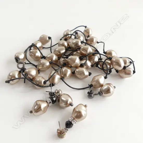 LONG FAUX PEARL NECKLACE ON BLACK CORD (670MM) & 2 PRS DROP EARRINGS