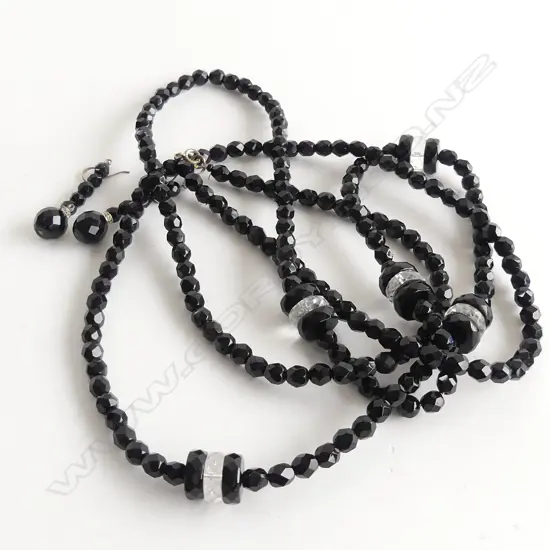 2 PC SET; BLACK & CRYSTAL FACETED BEAD NECKLACE (720MM) & BLACK & ZIRCON FACETED BEAD DROP EARRINGS MOUNTED ON 925 SILV