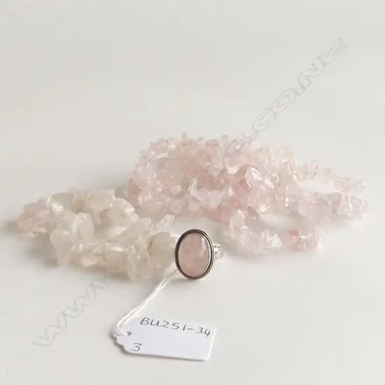 ROSE QUARTZ CHIP LONG NECKLACE, BRACELET & RING