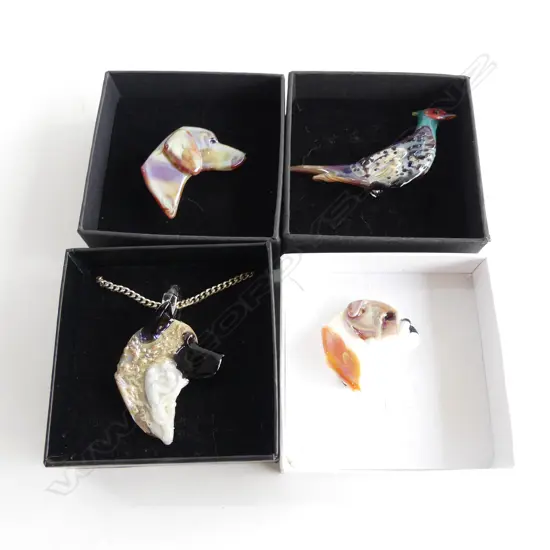 NEIL HARRIS DECORATIVE GLASS JEWELLERY; 1 PENDANT W CHAIN & 3 BROOCHES - EACH IN INDIVIDUAL BOX...