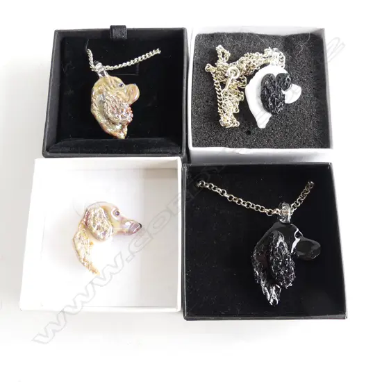NEIL HARRIS DECORATIVE GLASS JEWELLERY; 3 PENDANTS W CHAINS & ONE BROOCH EACH IN INDIVIDUAL BOX